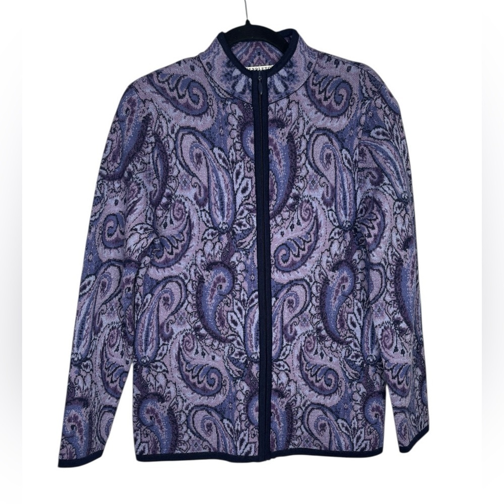 Pendleton Petite Women Sweater Purple Paisley Merino Wool Mock Neck Full Zip M